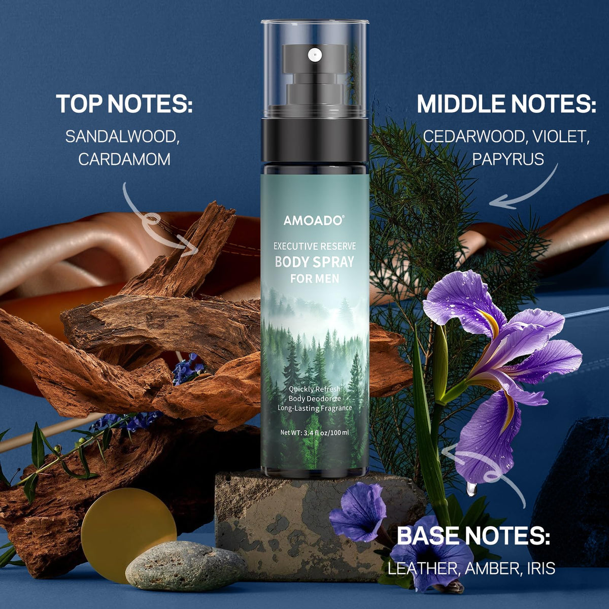 Three travel size men's deodorizing body sprays arranged sequentially