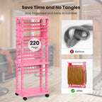 Adjustable two hundred twenty pegs standing hair separator showcasing bottom storage shelves with styling products