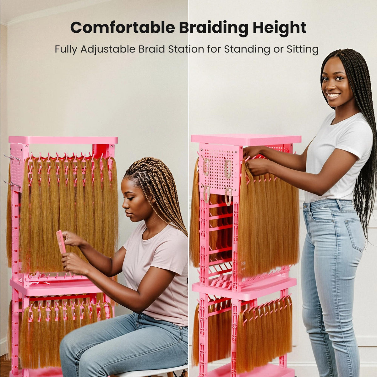 Close up of customizable pegboards and rows on the professional salon hair extension hanger