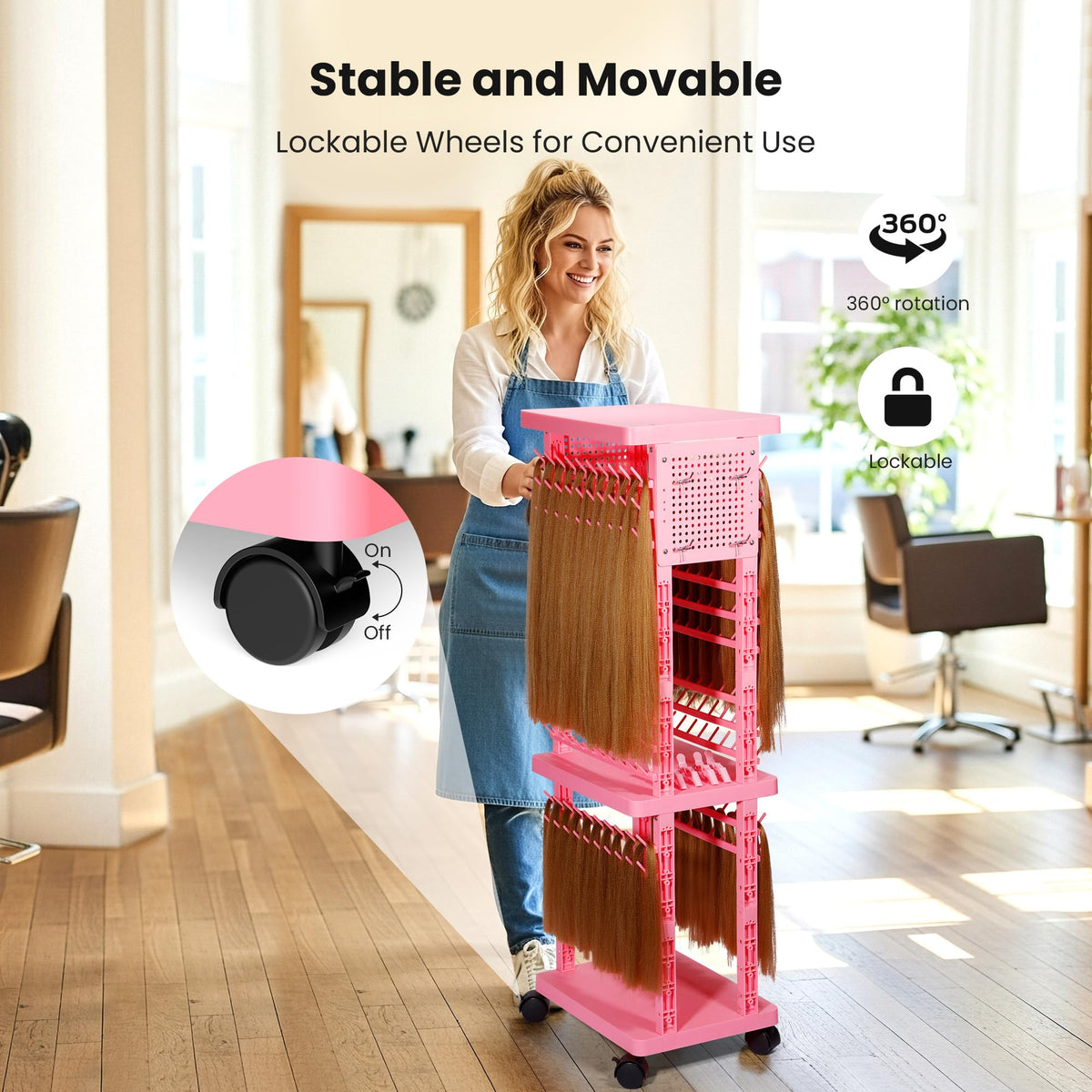 Ergonomic standing hair divider rack setup showing included parting combs and hairclips