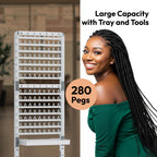 Sunnacate vertical hair extension holder stand with wheels showcasing adjustable peg rows filled with colored hair.
