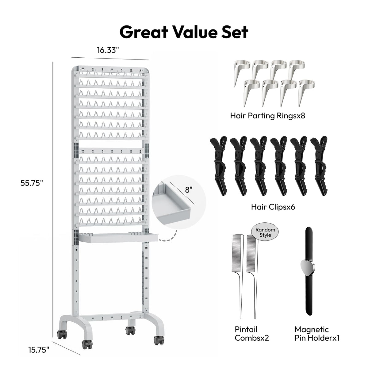 Close up view of the removable salon utility tray attached to the Sunnacate mobile braider stand.