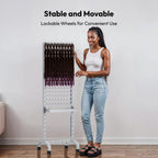 Side view of the space saving slim vertical profile of the Sunnacate double bar metal braiding stand.