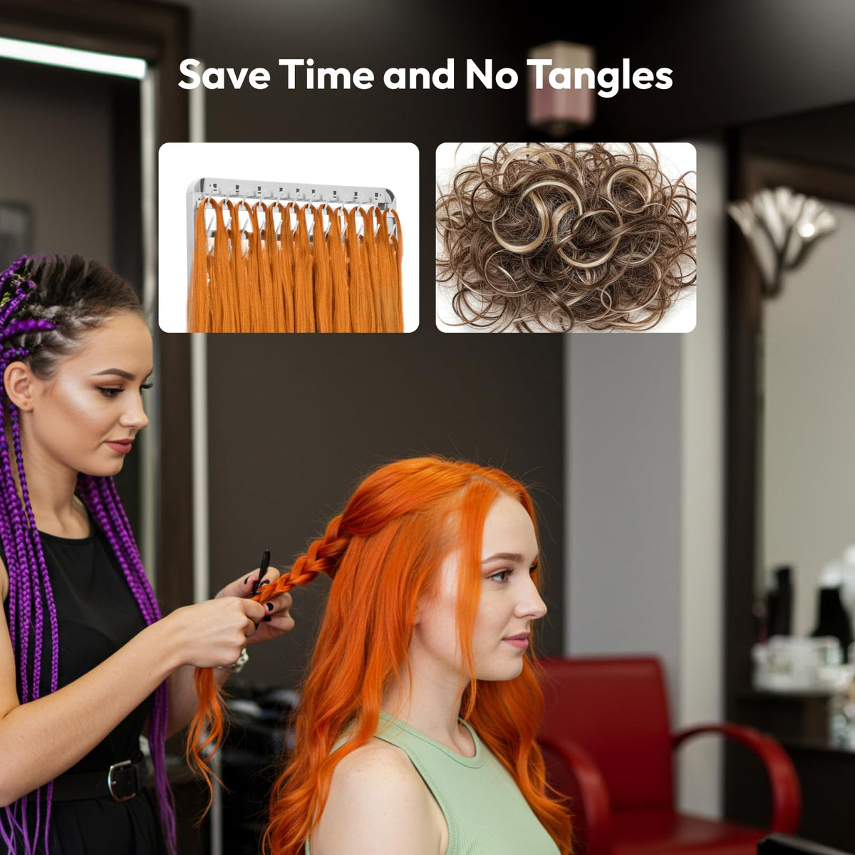 Sunnacate two sided standing hair hanger being adjusted for an ergonomic sitting position in a salon.
