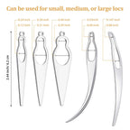 Five different sizes of silver sisterlock retighten needles lying flat