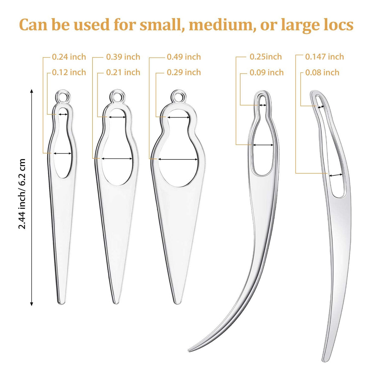 Five different sizes of silver sisterlock retighten needles lying flat