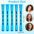 Close up look of the blue plastic curling rods with attached rubber bands and covers for securing hair.