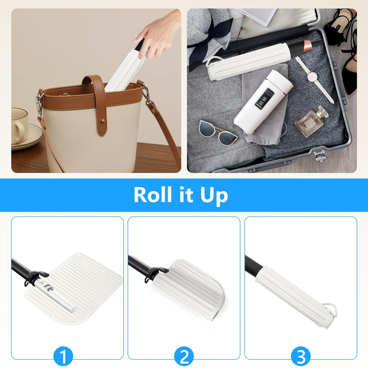 White Quccefods silicone mat wrapped around a styling iron to demonstrate travel flexibility