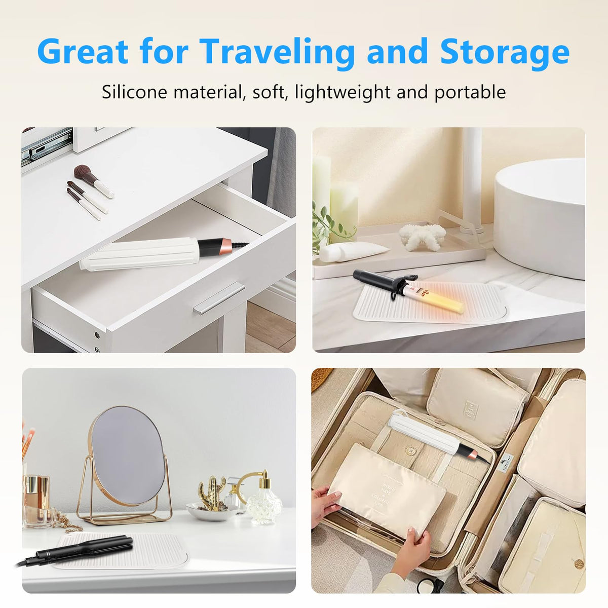Quccefods heat proof styling pad used on a modern bathroom vanity countertop background