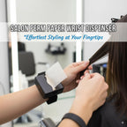 Close up of Kallory professional barber styling tool attached to a wrist holding hairdressing tissues
