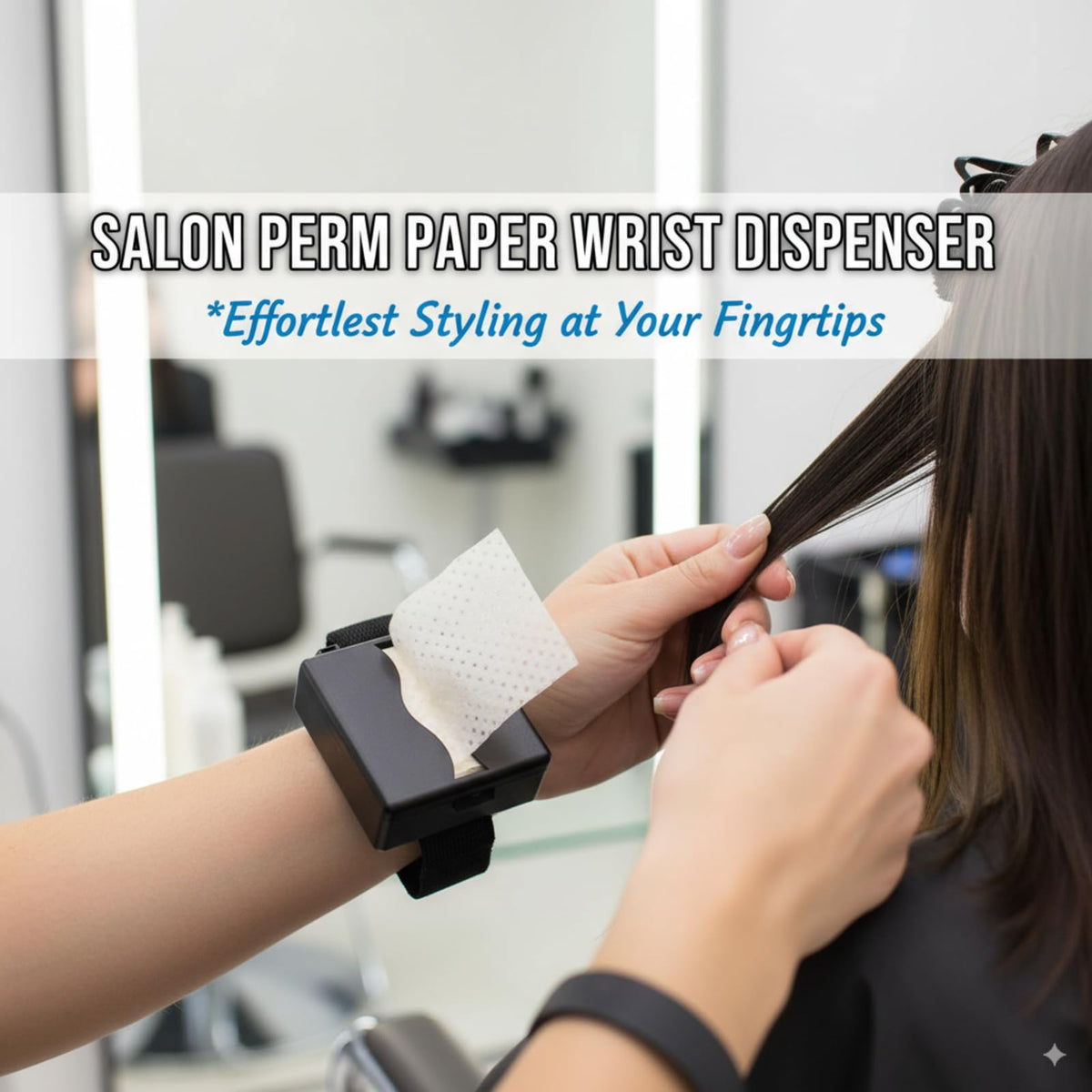 Close up of Kallory professional barber styling tool attached to a wrist holding hairdressing tissues