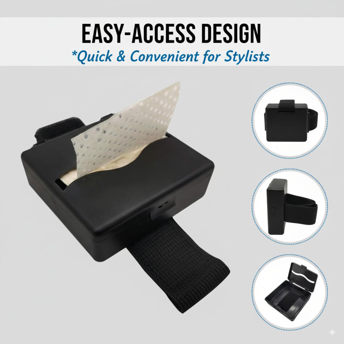 Adjustable elastic strap overview on the Kallory hair salon paper dispenser box