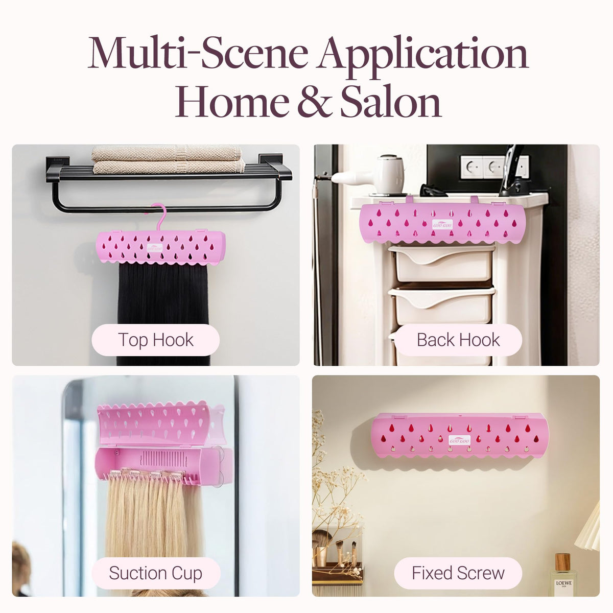 Pink hair extension hanger organizing human hair wefts neatly