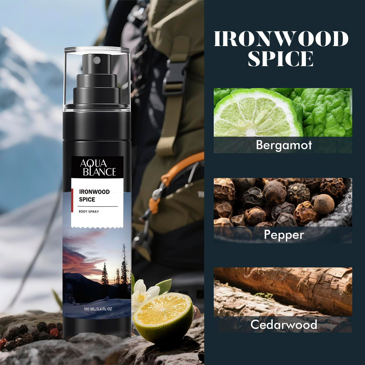 Aqua Blance Ironwood Spice body refreshing spray bottle close up highlighting its citrus and wood ingredients.