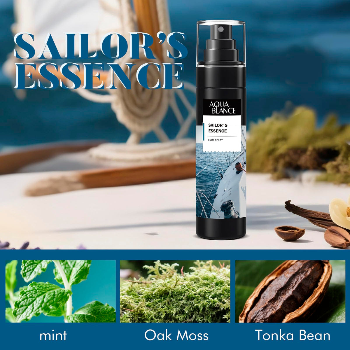 Aqua Blance Leather Citrus men body spray showcasing the sleek packaging details and ingredients list.
