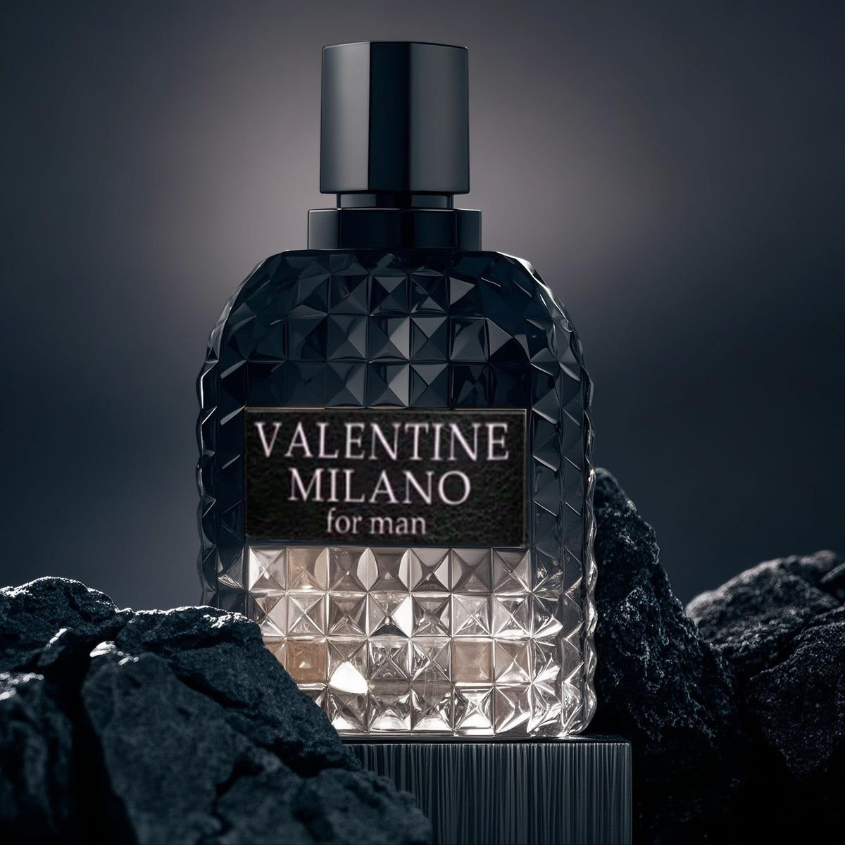 Close up of the Fragrance Couture cologne bottle design and textured packaging.