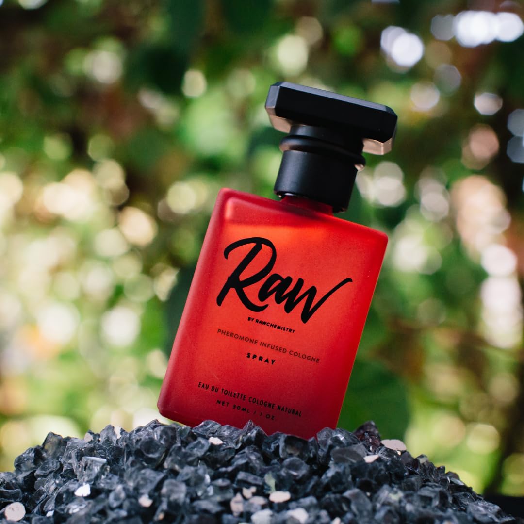 Close up of RawChemistry pheromone cologne branding