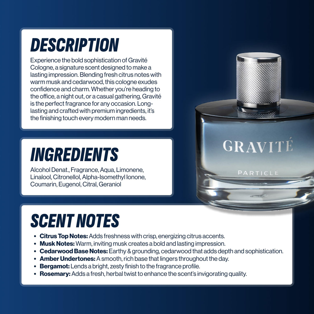 Particle Gravité woody citrus fragrance bottle on display