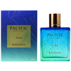 Rayhaan Pacific Aura aromatic aquatic perfume bottle angled to display product branding