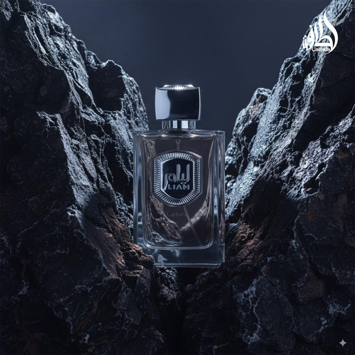 Lattafa Liam Grey 3.4 Ounce perfume bottle with its premium textured outer box side view