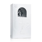 Premium silver bottle of Maahir Legacy by Lattafa showcasing intricate engraved details