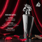Lattafa Maahir Legacy long lasting mens fragrance showing the detailed horse head design topper