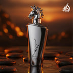 Side angle view of the silver metallic Lattafa Maahir Legacy 3.40 Ounce perfume bottle