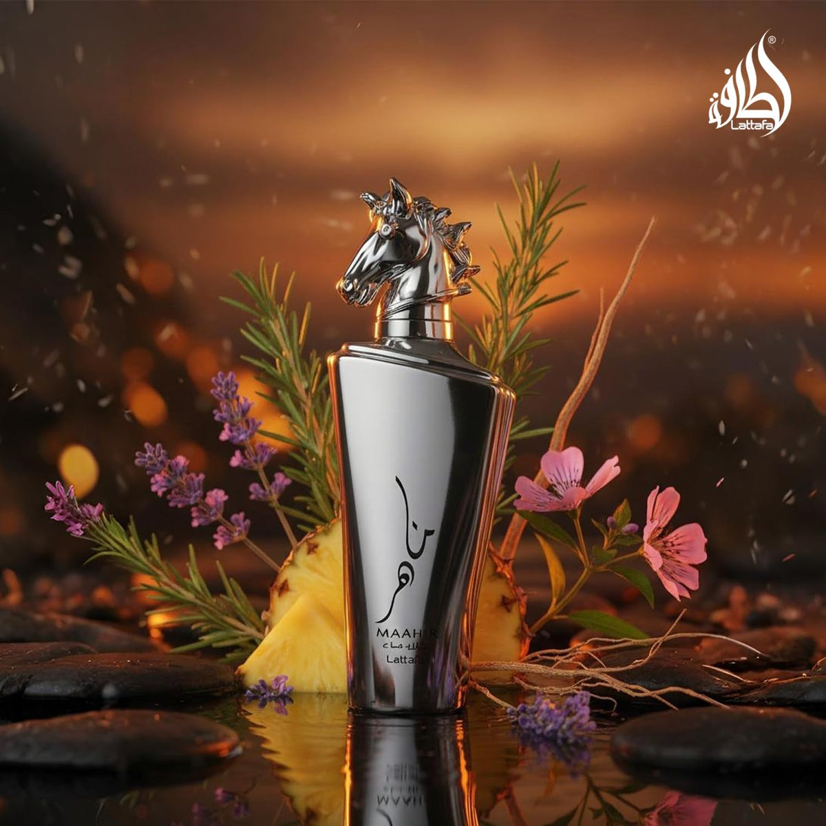 Lattafa Maahir Legacy fresh mint and lime summer fragrance bottle close up profile