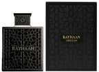 Rayhaan Obsidian 100 millilitres masculine fragrance showcasing the dark metal bottle with geometric lattice pattern