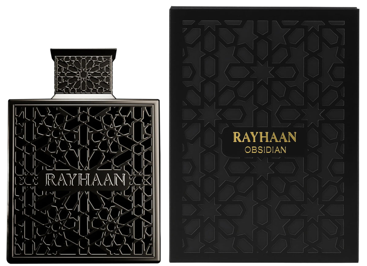 Rayhaan Obsidian 100 millilitres masculine fragrance showcasing the dark metal bottle with geometric lattice pattern