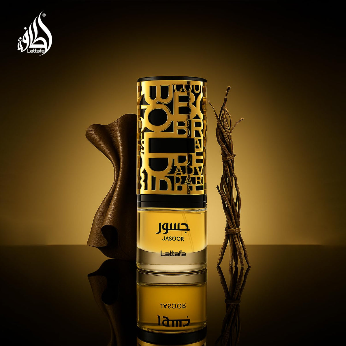 Lattafa Jasoor woody and aromatic perfume bottle showing base text details