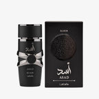 Lattafa Asad Elixir luxury perfume spray bottle showing the unique texture and gold accents
