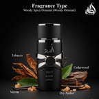 Side view angle of the premium dark 100ml bottle of Lattafa Asad Elixir for men