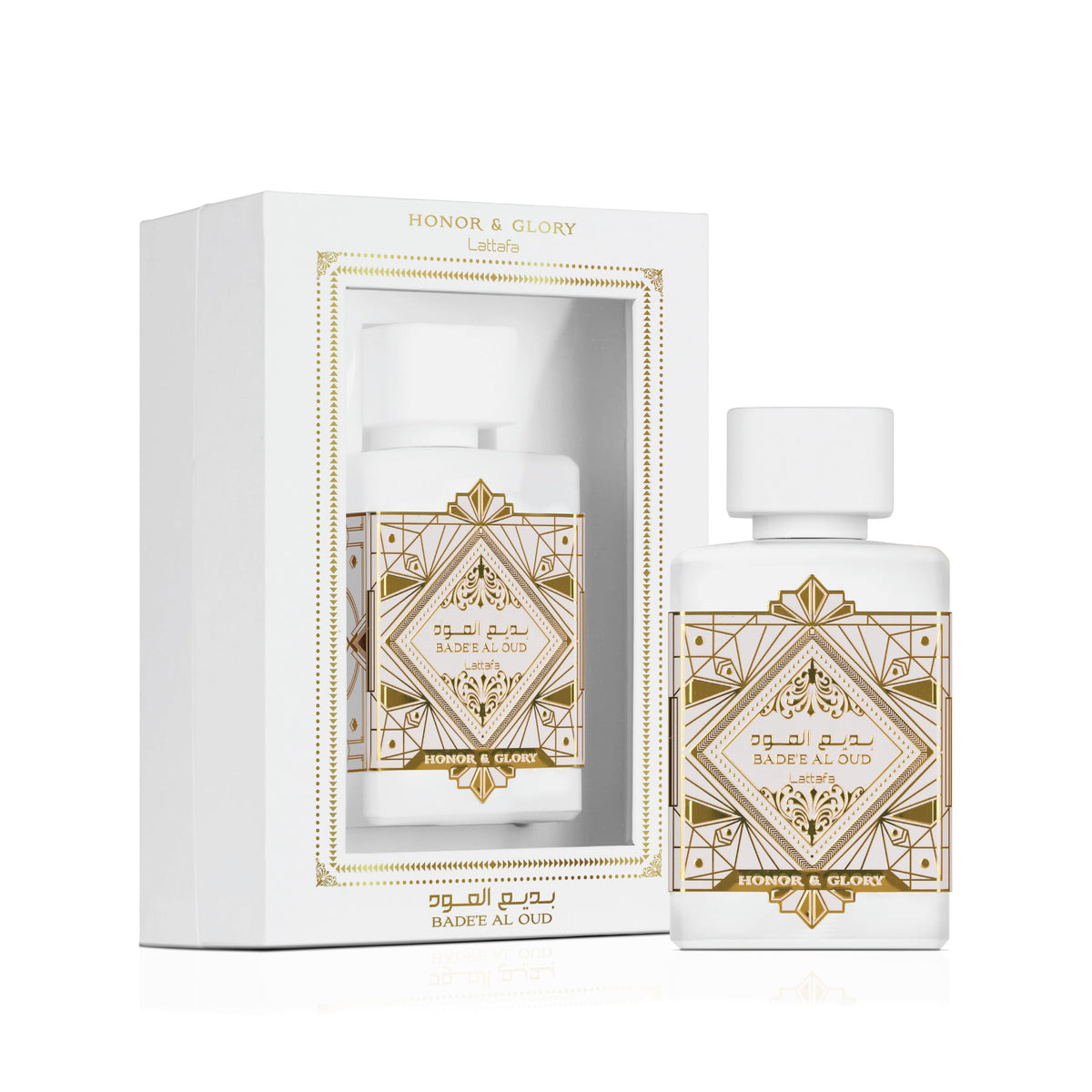 Lattafa Honor And Glory long lasting Arabic perfume bottle with elegant white and gold details
