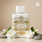 Side profile of the sophisticated 3.4 fluid ounce Lattafa Honor And Glory bottle design