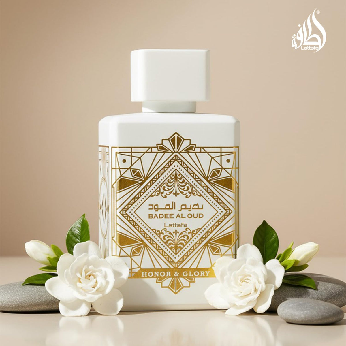 Side profile of the sophisticated 3.4 fluid ounce Lattafa Honor And Glory bottle design