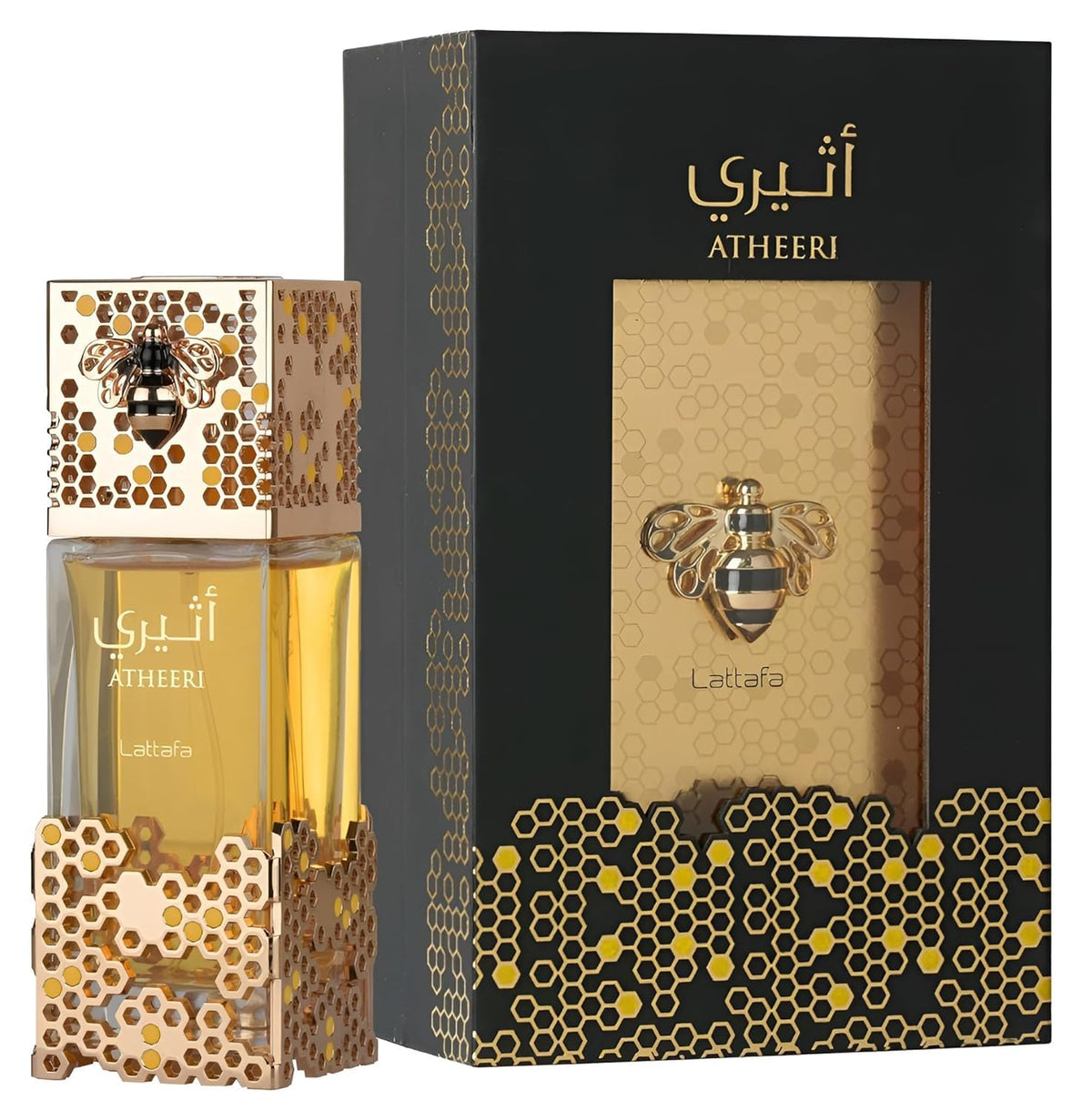 Lattafa Atheeri unisex perfume spray showing the detailed bee emblem on the golden cap