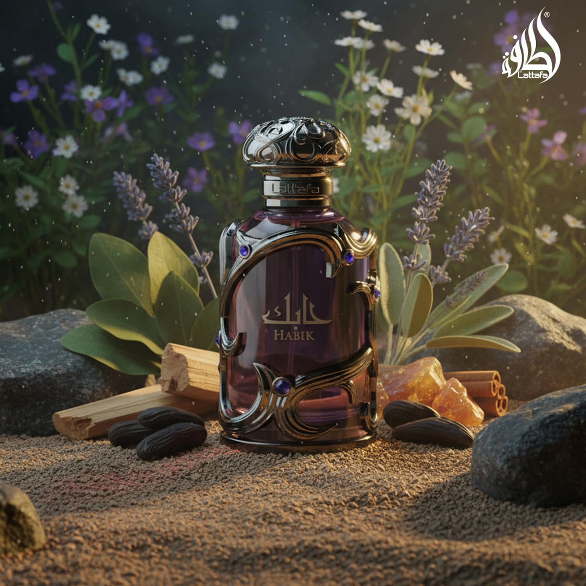Lattafa Habik Eau de Parfum premium glass bottle design close up