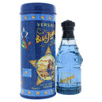 Close up view of the unique glass spray mechanism and embossed branding details on the Versace Blue Jeans bottle.