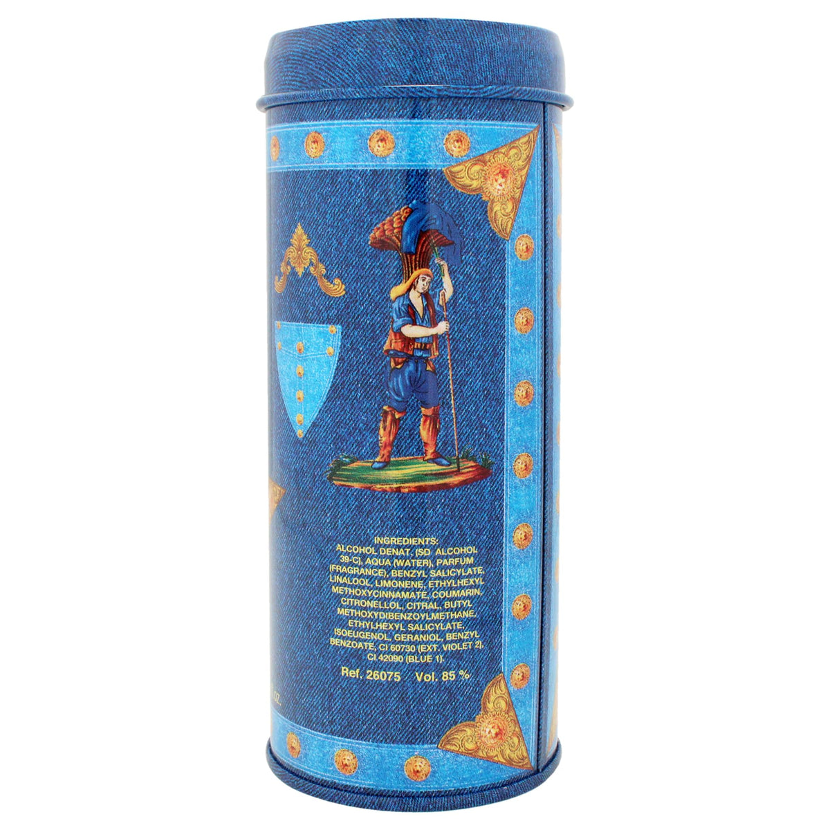 Side profile of the imported 75ml Gianni Versace Blue Jeans Eau De Toilette spray for men.