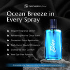 Side profile of the transparent glass bottle showing the dye free blue depths men's perfume formula