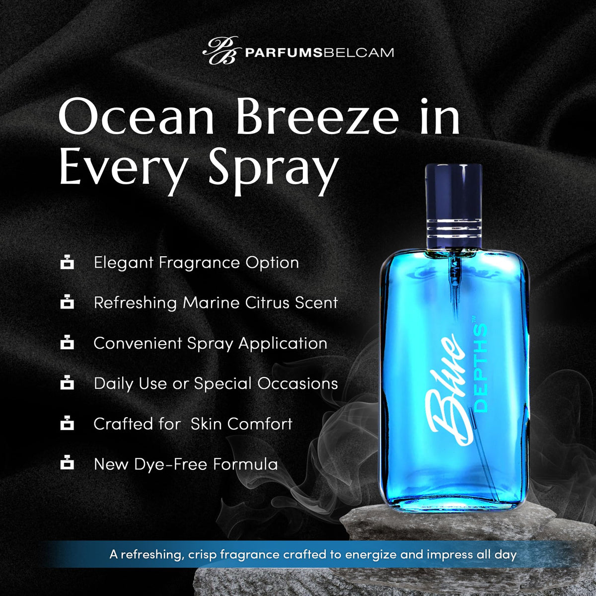 Side profile of the transparent glass bottle showing the dye free blue depths men's perfume formula