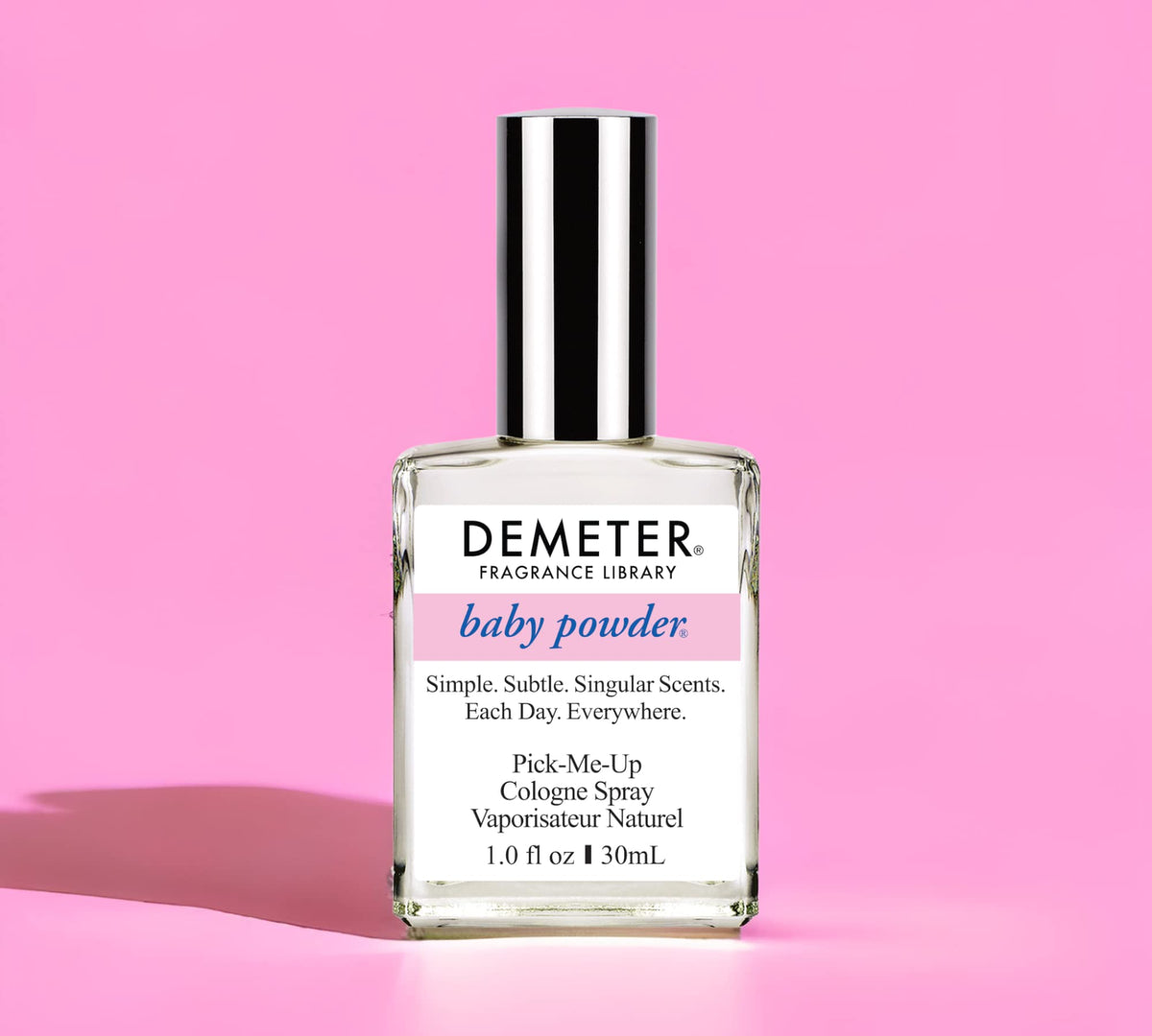 Demeter Baby Powder Cologne Spray authentic niche perfume bottle on plain background