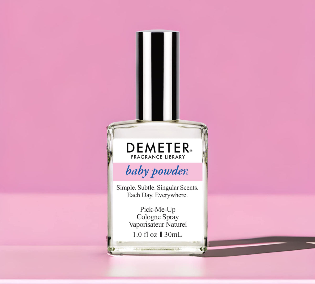 Demeter Baby Powder Cologne Spray side angle view displaying clear formulation liquid