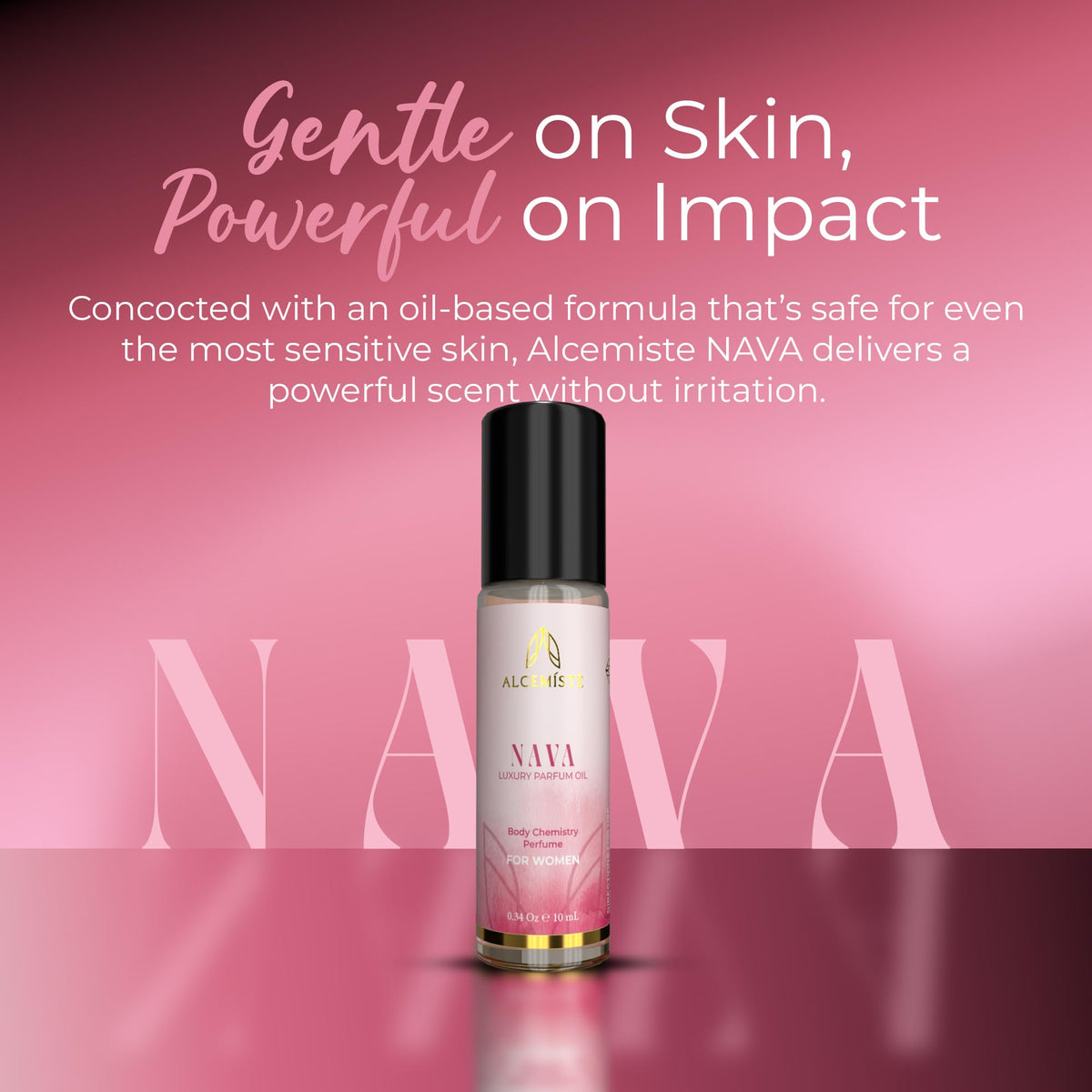 Premium Alcemiste Nava luxury roll-on parfum oil showcasing the sweet floral and feminine scent details.