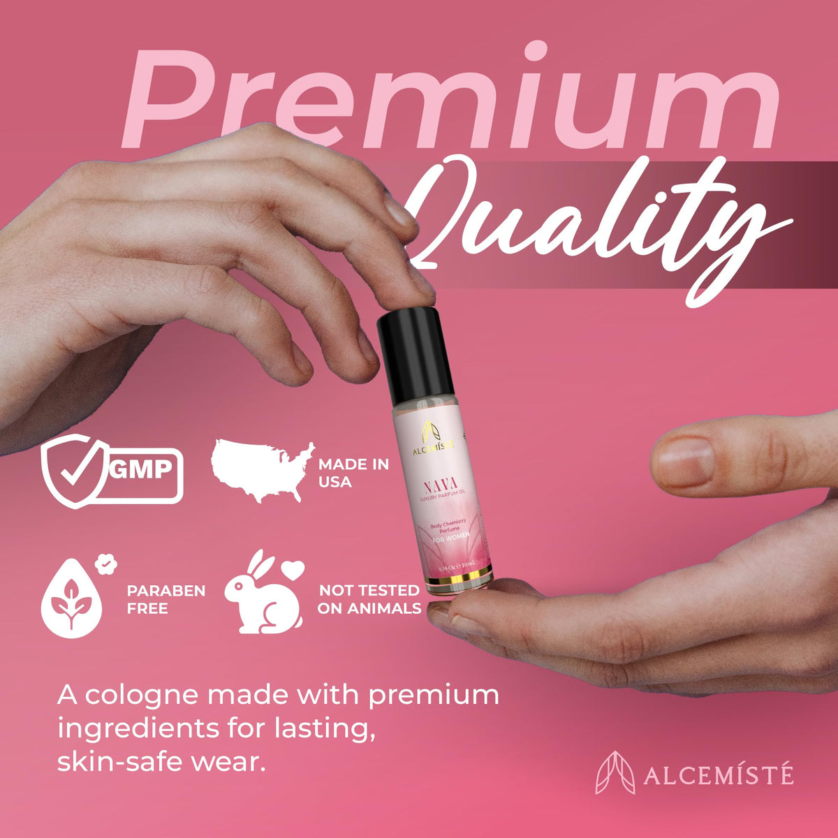Alcemiste Nava luxury pheromone perfume packaging displaying product volume and clean formulation information.
