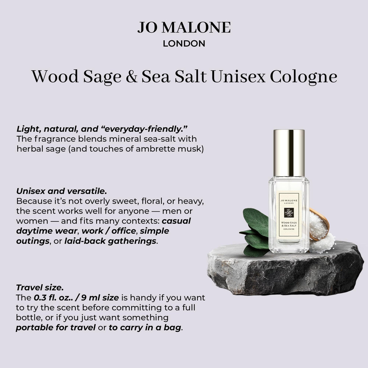 Jo Malone London luxury unisex fragrance deluxe sample bottle showing the silver spray nozzle