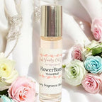 Premium alcohol-free floral perfume oil package displaying top and base ingredients