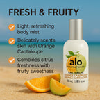 Fruits and Passion Alo Orange Cantaloupe mist bottle showcasing instructions and ingredients list for conscious consumers.