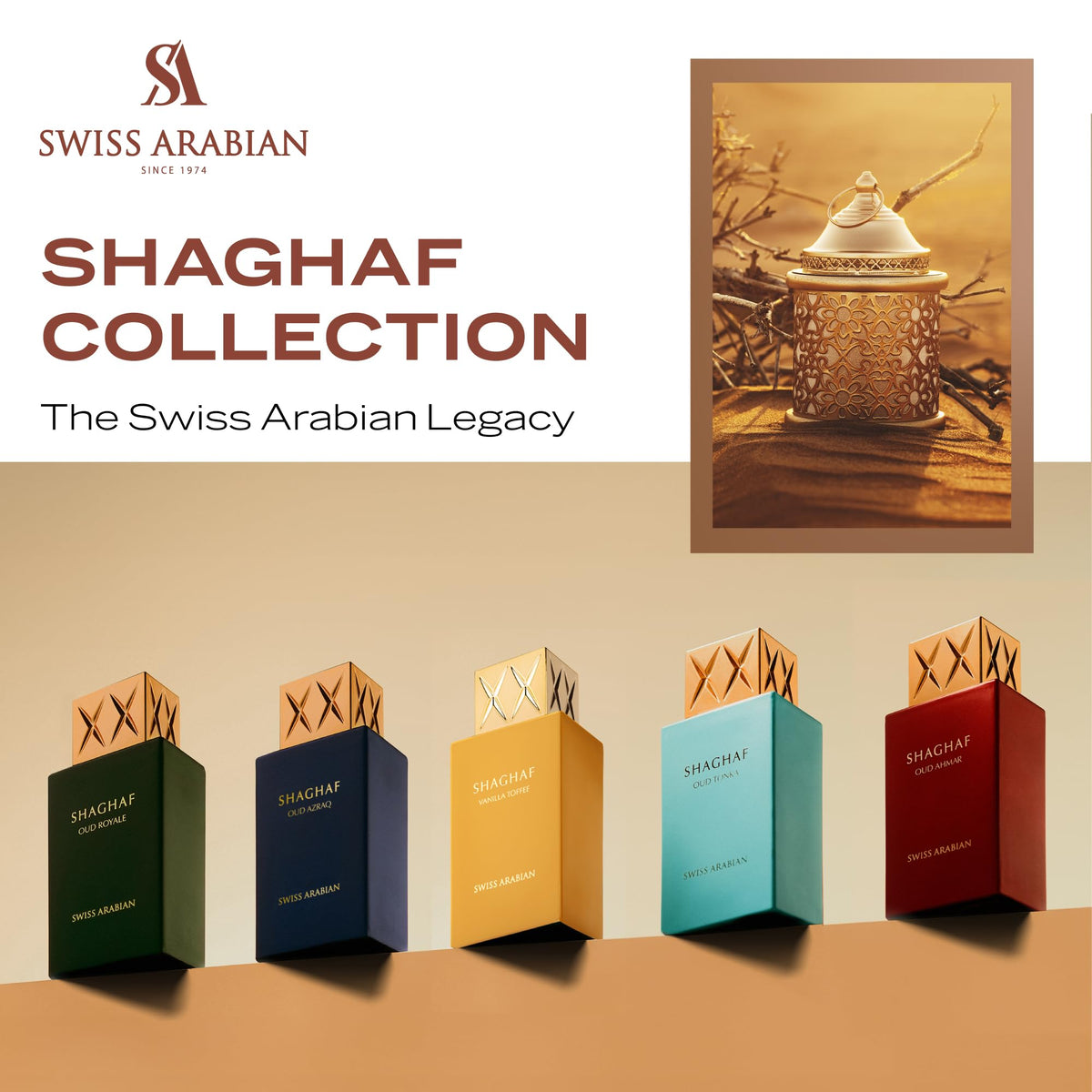 Full product display of the imported Swiss Arabian Shaghaf Oud perfume with its retail box.
